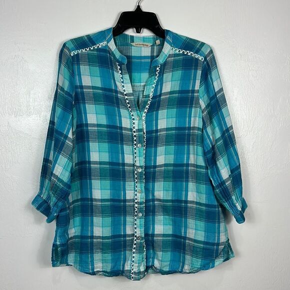 Soft Surroundings Plaid White And Blue 3/4 Sleeve Button Down Shirt Size L - Picture 1 of 9